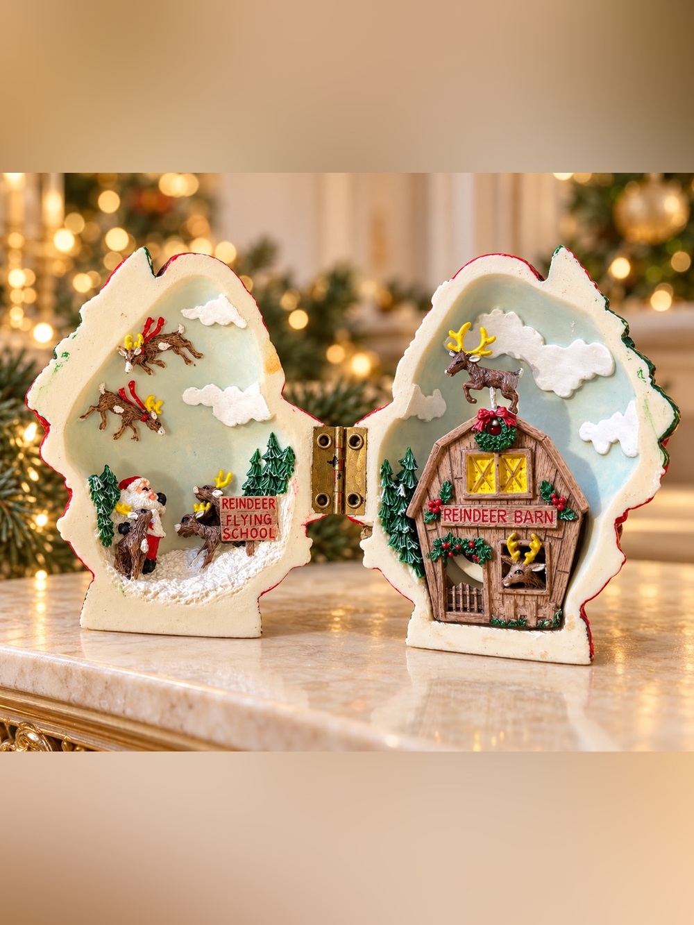 5” Hinged Santa Figurine — Reindeer Flying School & Barn Scene